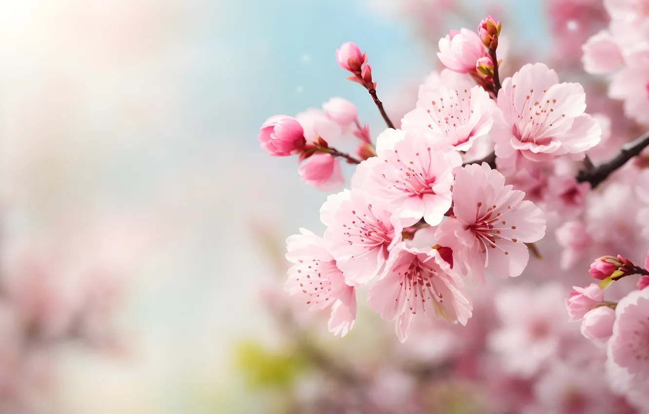 Фото обои цветы, весна, sunshine, цветение, pink, blossom, flowers, cherry