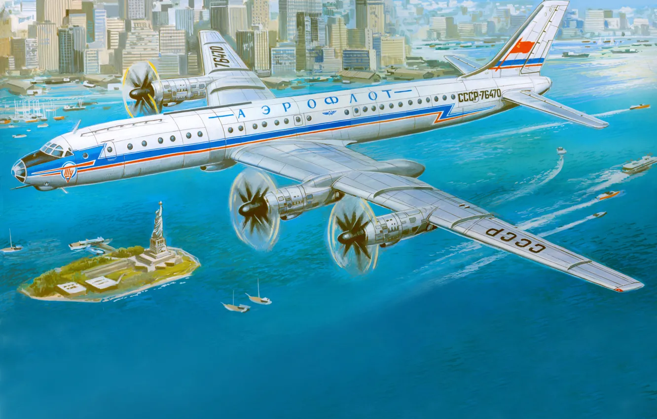 Фото обои авиация, город, арт, СССР, самолёт, Нью-йорк, Аэрофлот, пассажирский