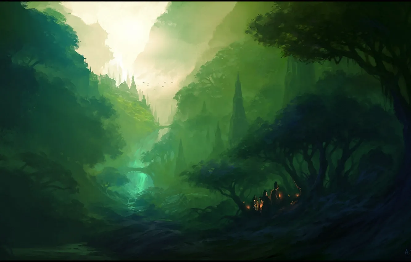 Фото обои лес, горы, огни, река, люди, арт