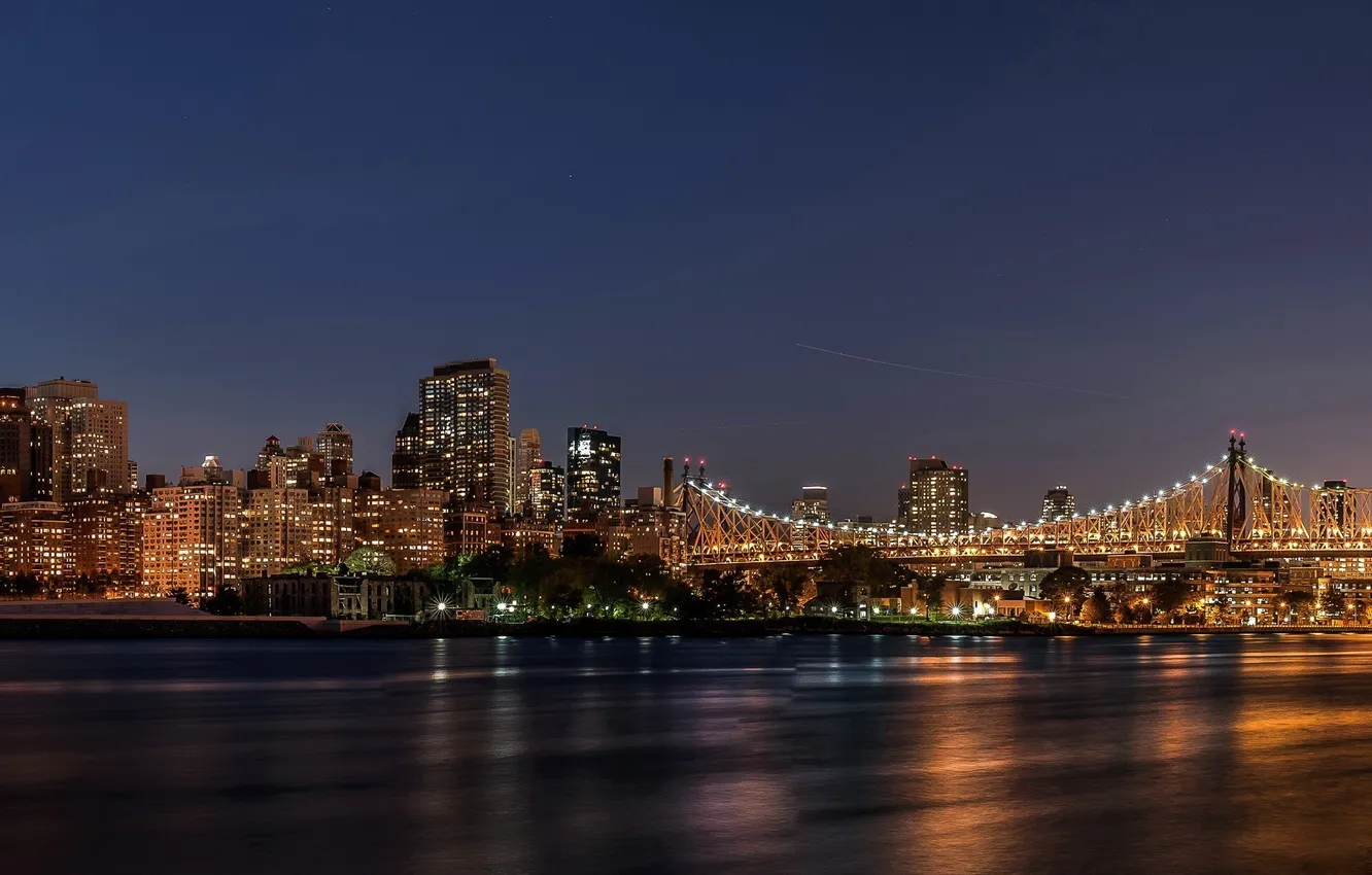 Фото обои ночь, мост, город, огни, америка, нью-йорк, сша