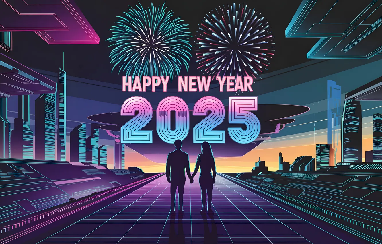 Фото обои Новый год, Праздник, New Year, Couple, Cyberpunk, Celebrations, Dystopian, Neon city