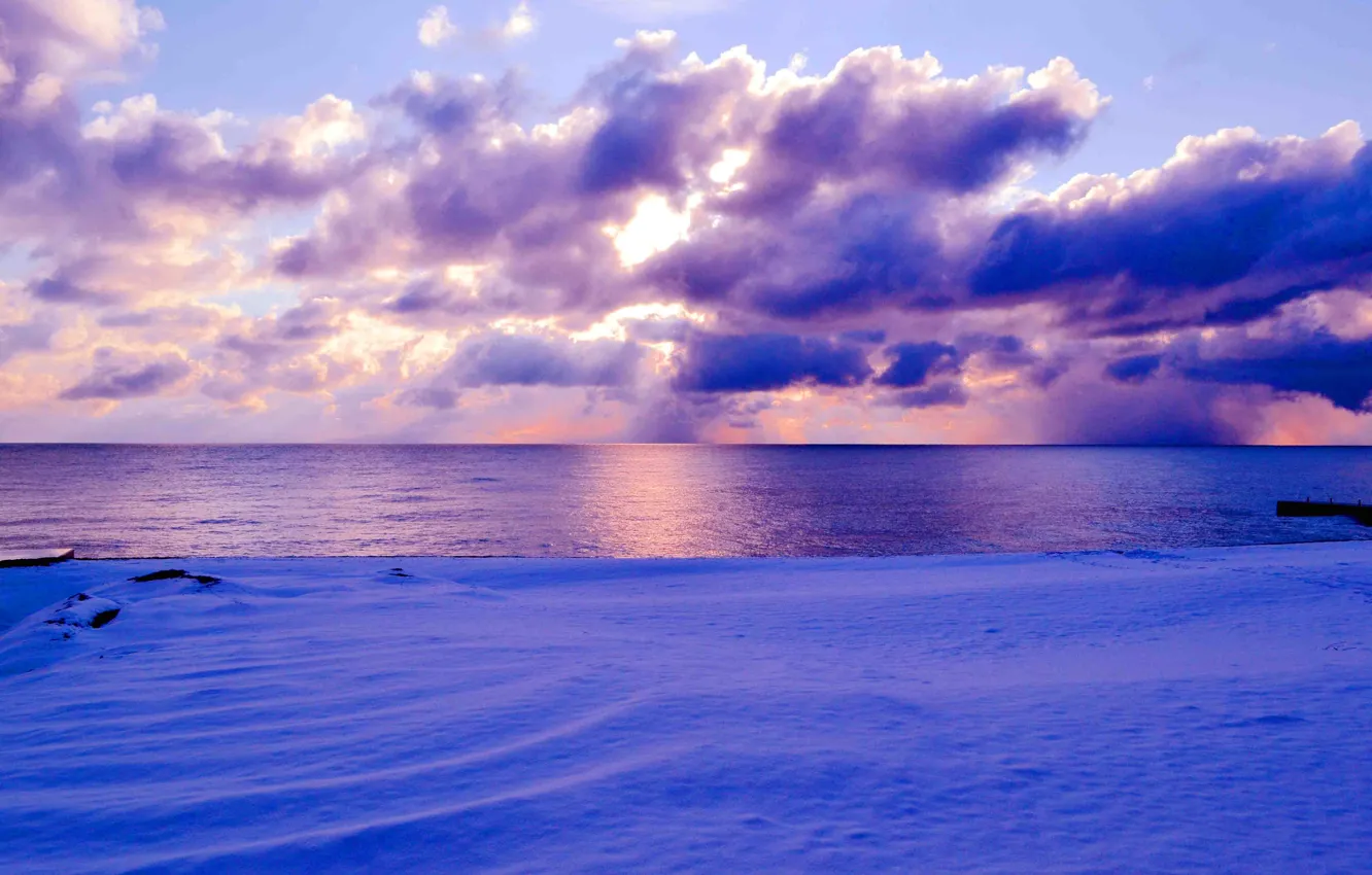 Фото обои море, небо, солнце, снег
