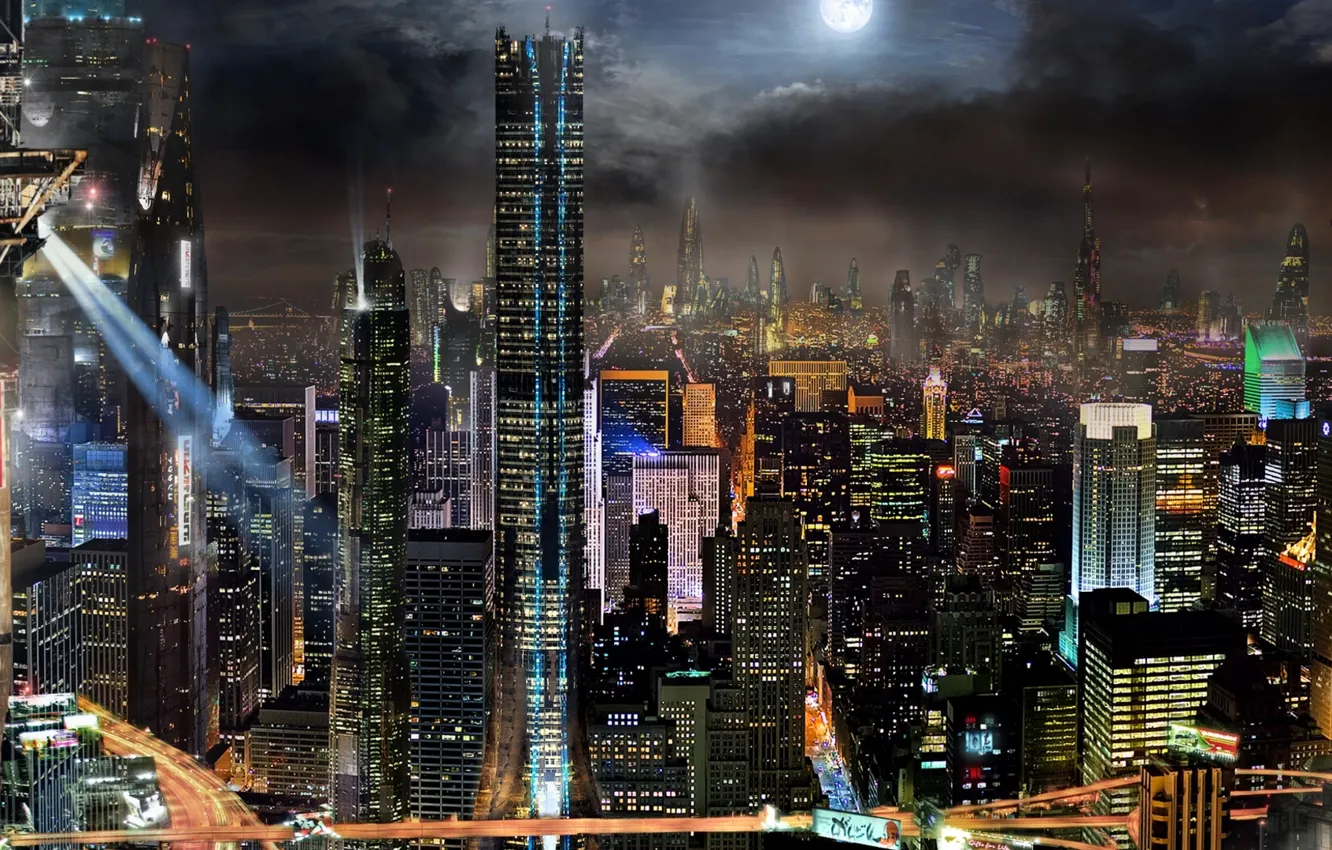 Фото обои реклама, панорама, ночной город, небоскрёбы, прожектора