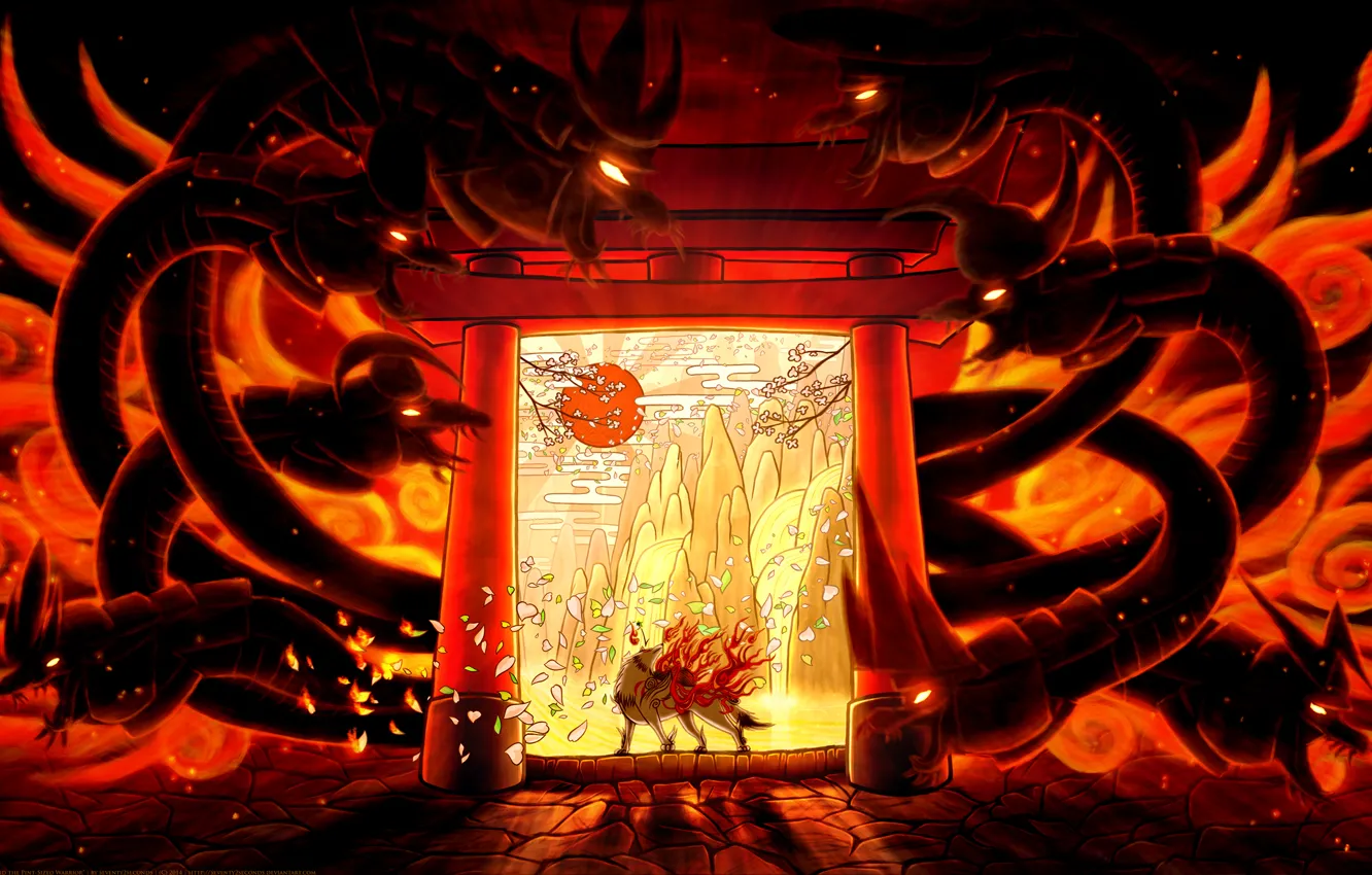 Фото обои солнце, горы, пламя, волк, драконы, сакура, пещера, божество