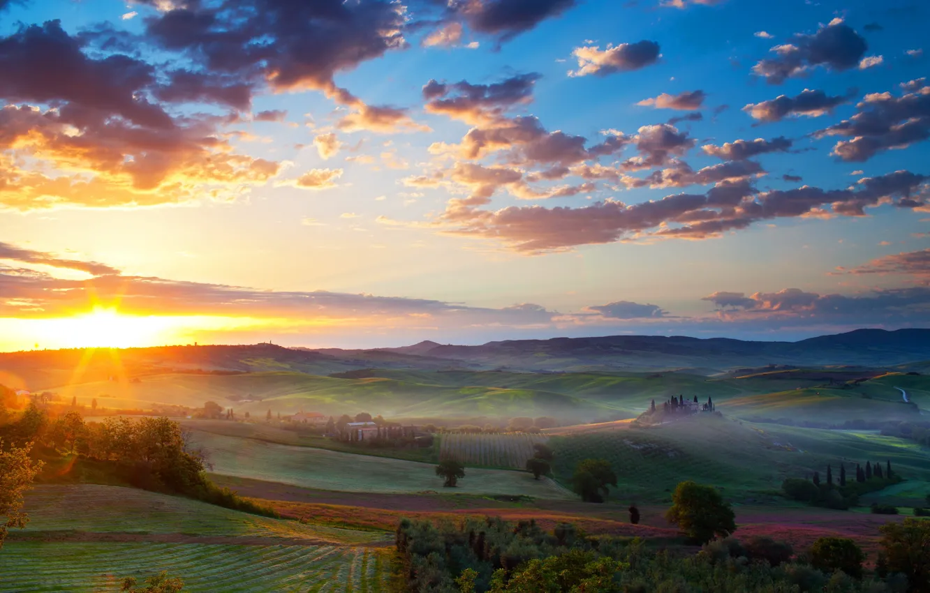Фото обои поле, пейзаж, закат, долина
