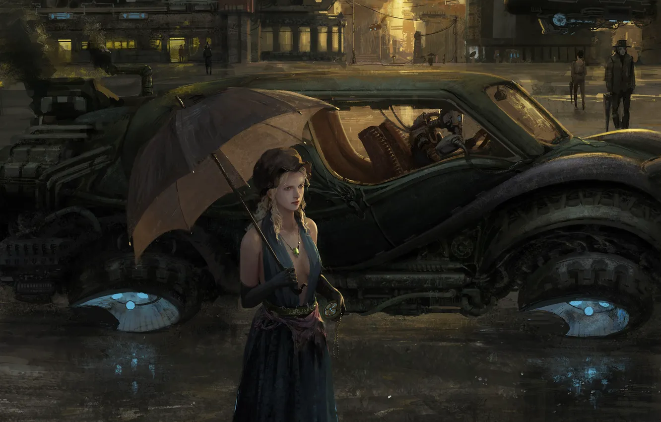 Фото обои машина, девушка, дождь, улица, зонт, арт, art, Sci-Fi