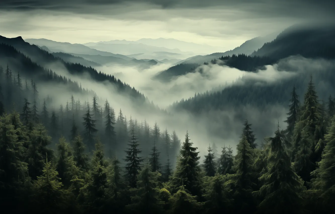 Фото обои forest, landscape, mist, AI art