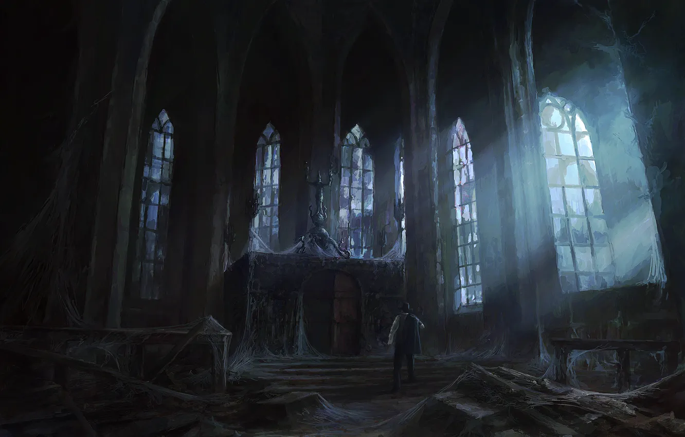 Фото обои свет, замок, человек, окна, паутина, арт, храм, заброшенность