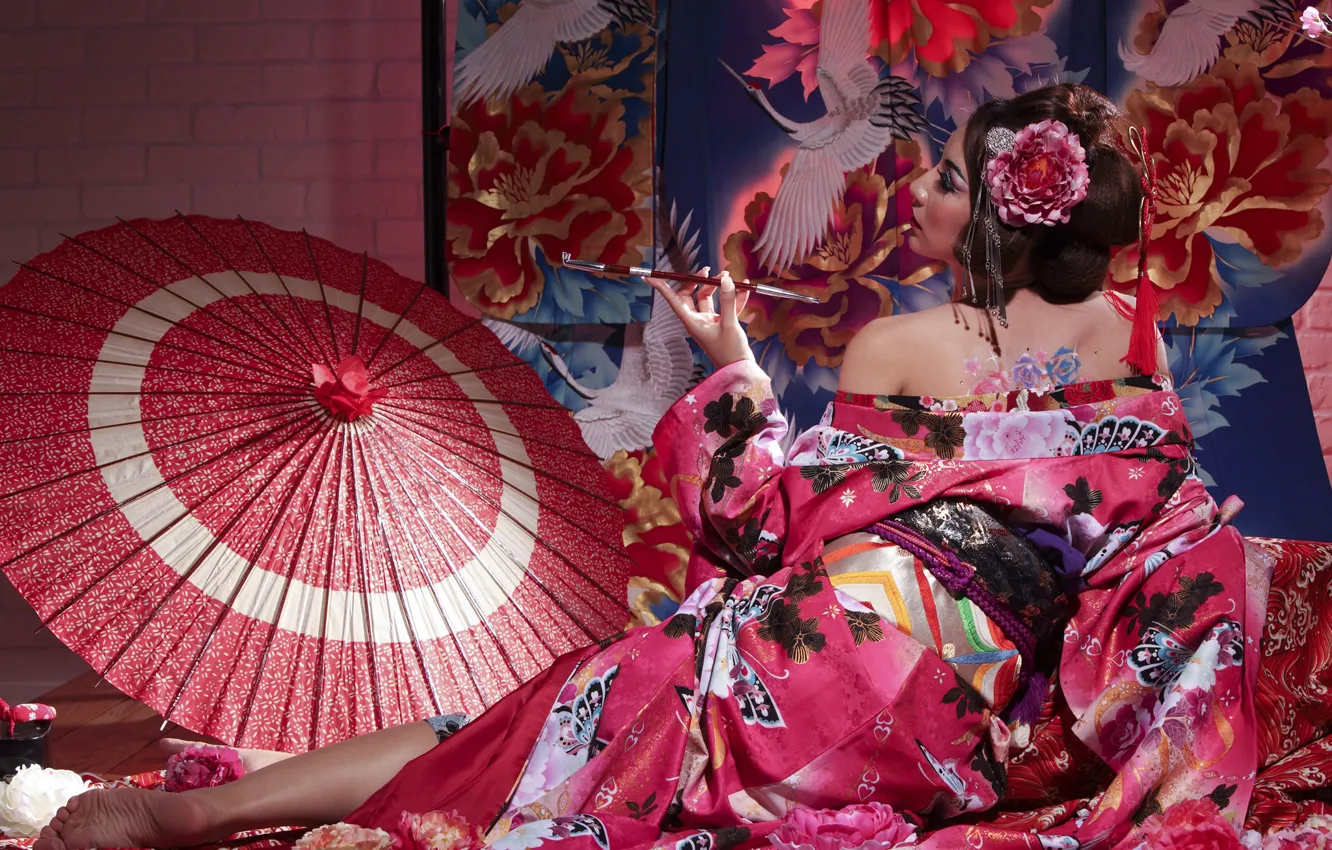 Фото обои поза, стиль, зонтик, японка, трубка, гейша, кимоно, азиатка
