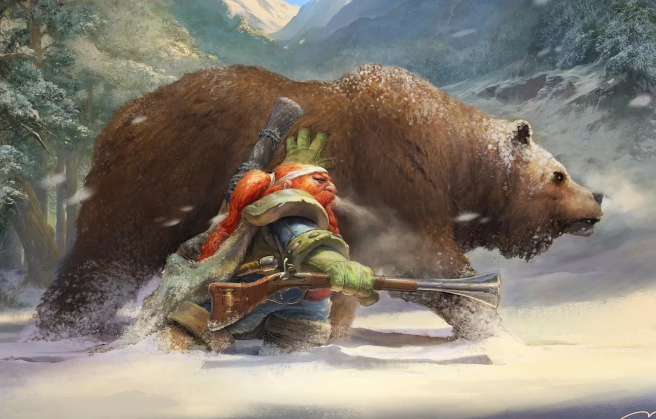 Фото обои зима, медведь, гном, мушкет