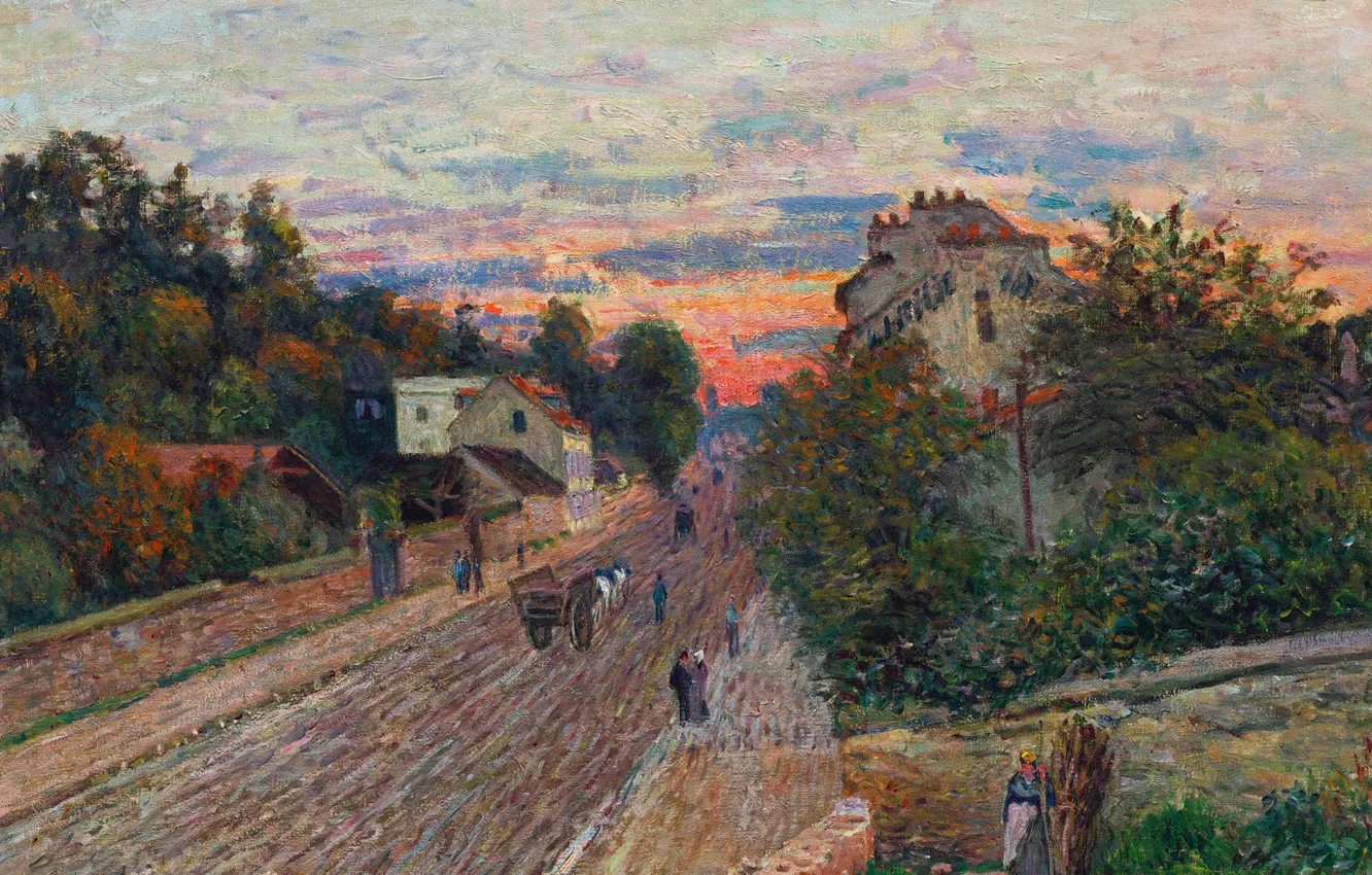 Фото обои пейзаж, картина, Alfred Sisley, Альфред Сислей, Закат. Дорога из Шавиля в Версаль