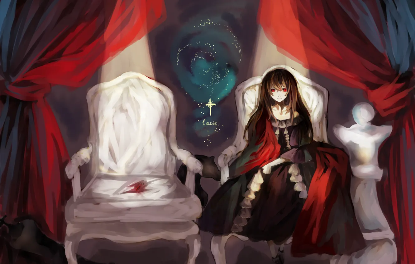 Фото обои крест, кресло, шахматы, ведьма, красные глаза, кровавое, пятно, Pandora hearts
