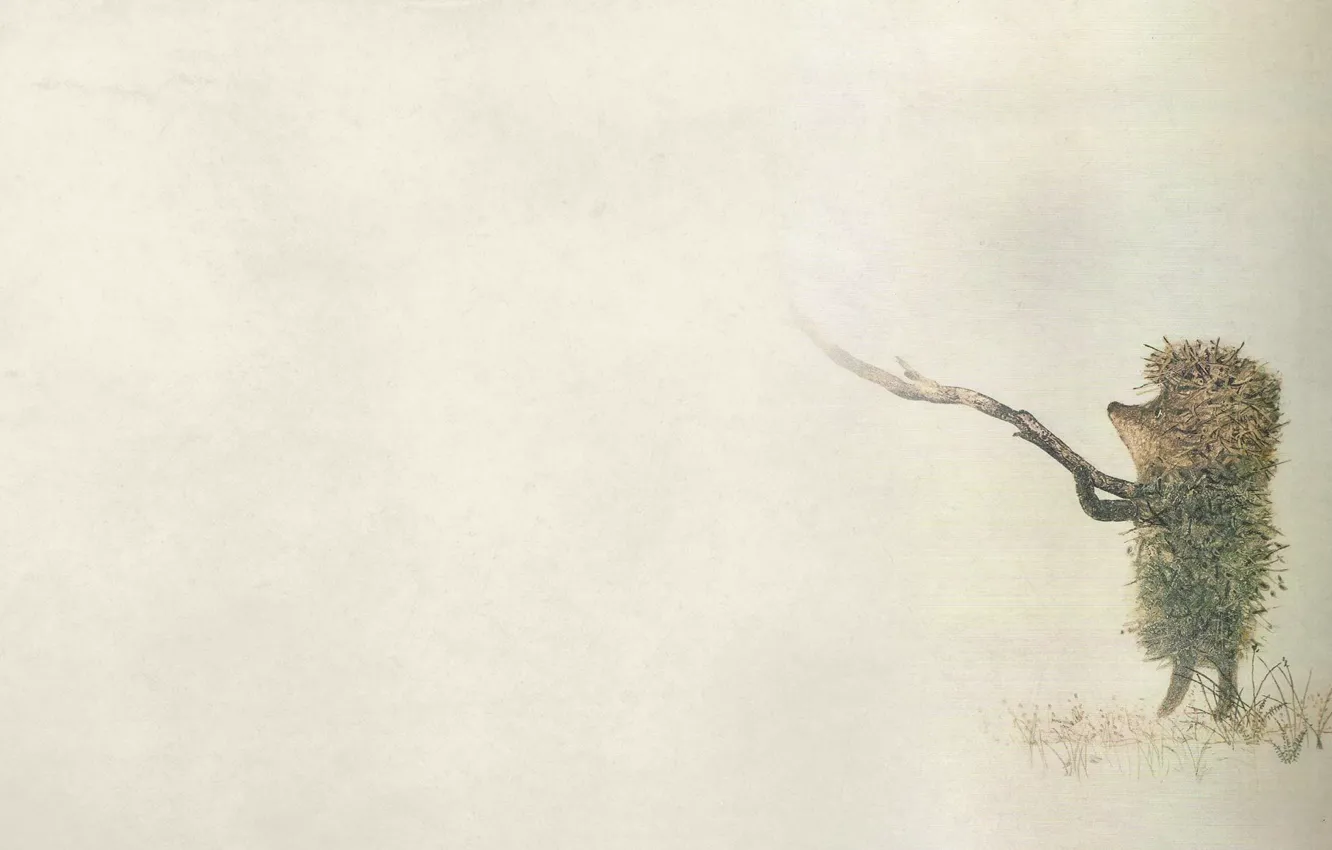 Фото обои туман, минимализм, травка, палка, темноватый, ежик в тумане