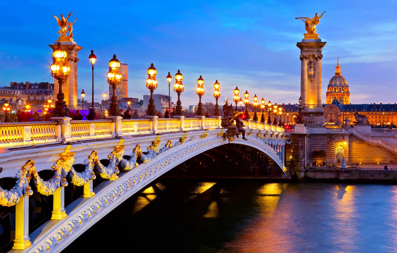 Фото обои город, река, Франция, Париж, дома, вечер, освещение, фонари