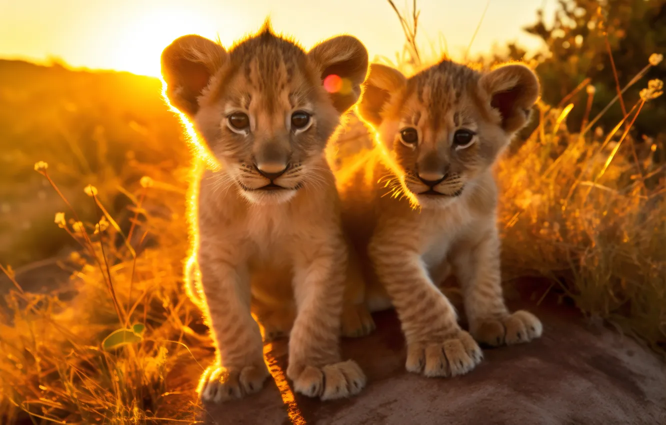 Фото обои свет, лев, детёныш, парочка, львёнок, цифровое искусство, ИИ-арт, Искусство искусственного интеллекта