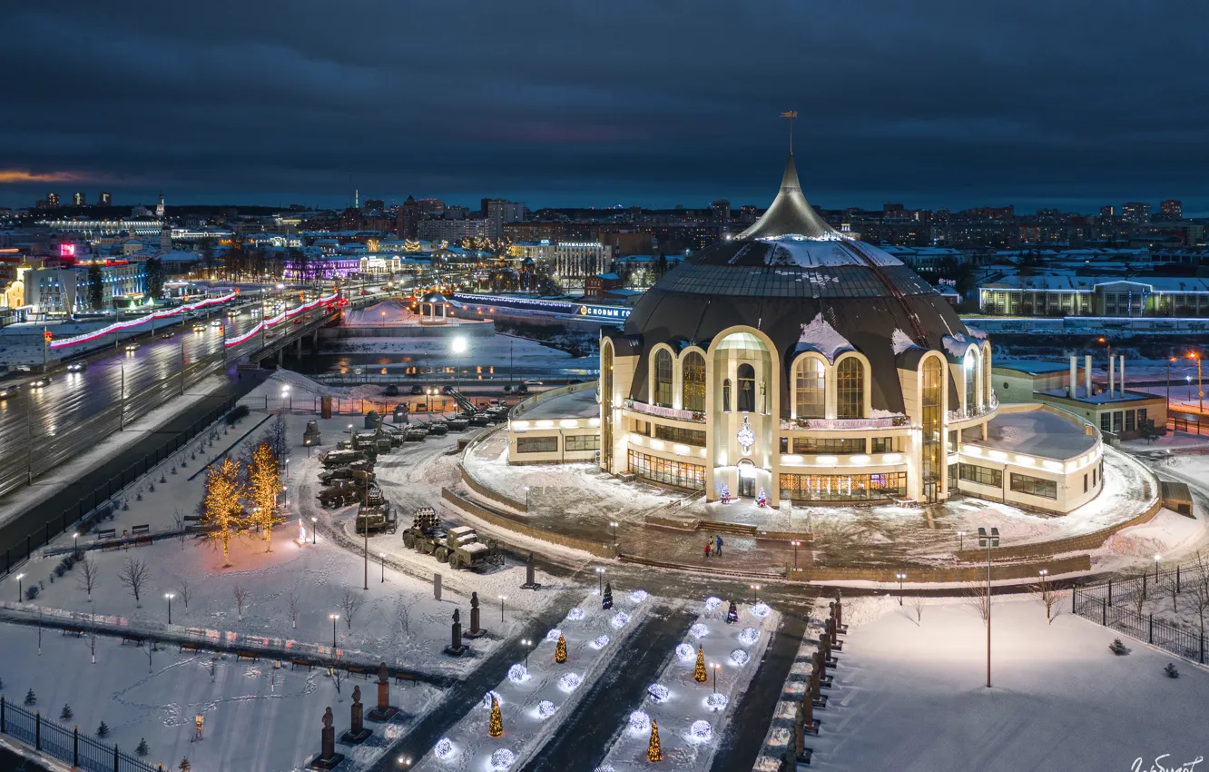 Фото обои зима, снег, здание, Россия, архитектура, ночной город, Тула, Илья Гарбузов