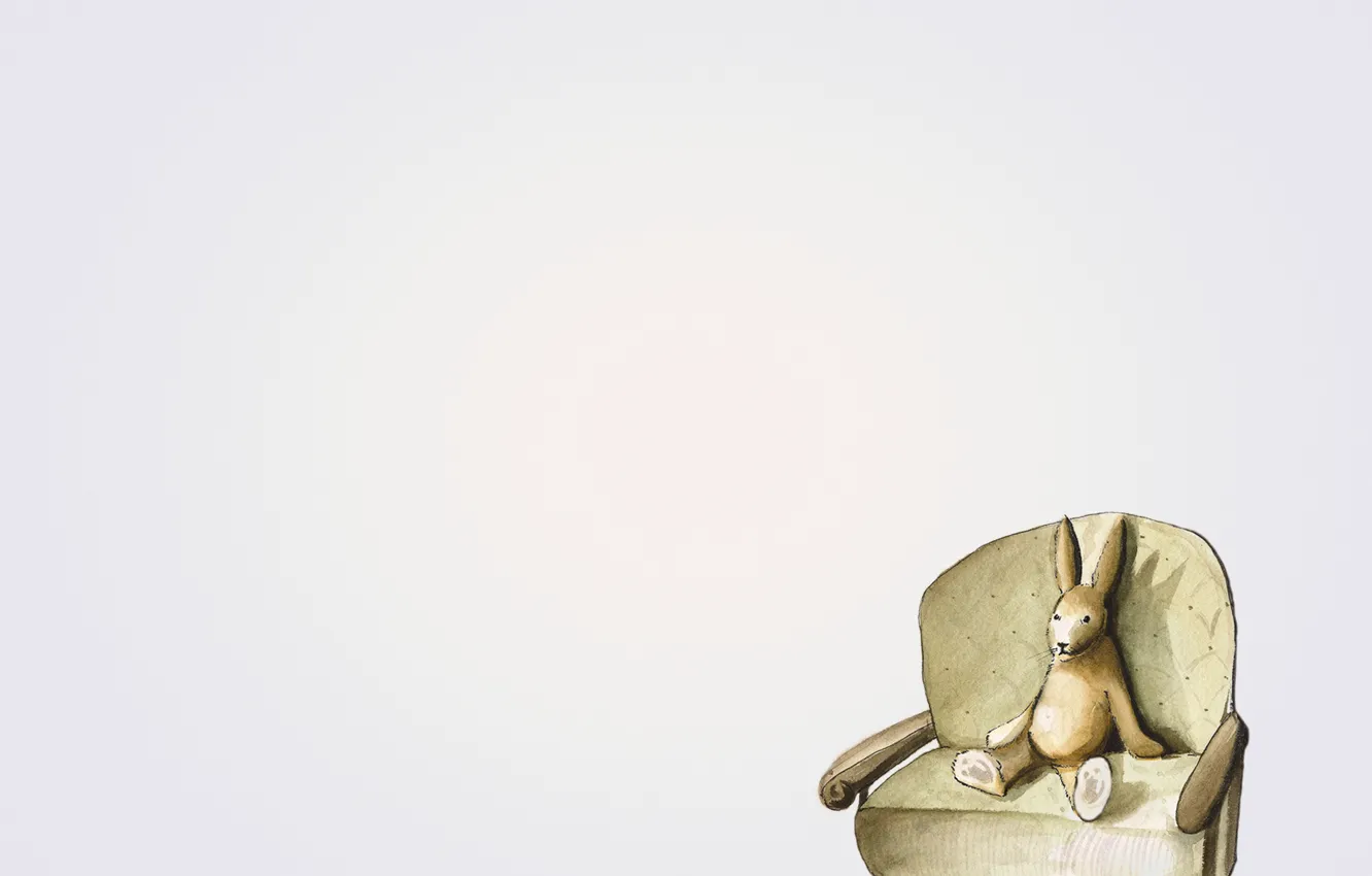 Фото обои диван, заяц, минимализм, кролик, сидит, светлый фон, rabbit