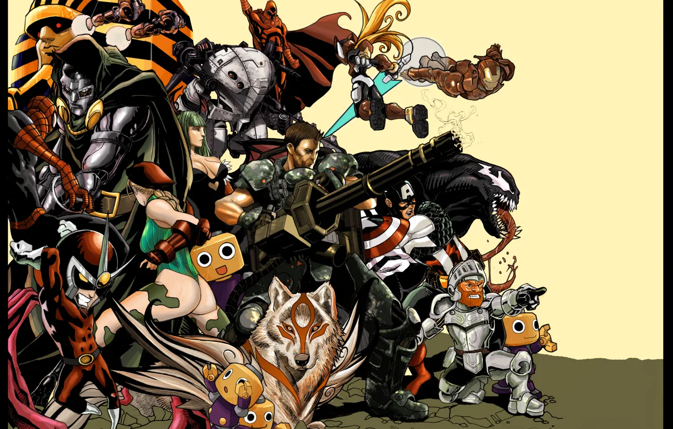 Фото обои Morrigan, Resident Evil, Iron Man, captain america, venom, Spider-Man, Tony Stark, Chris Redfield