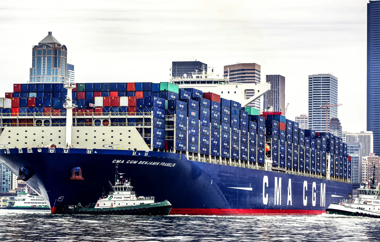 Фото обои Город, Судно, Benjamin Franklin, Контейнеровоз, Seattle, Буксиры, CMA CGM, Vessel