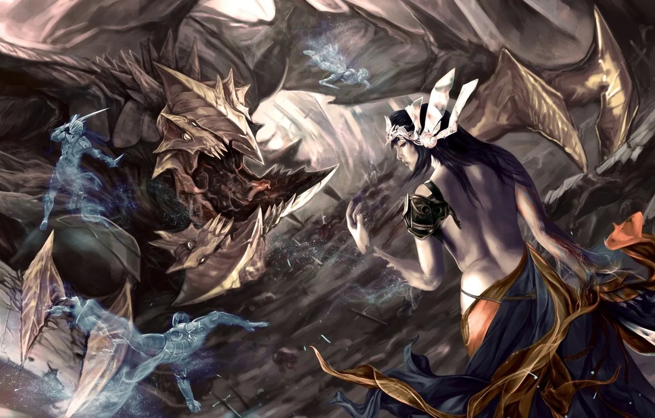 Фото обои девушка, дракон, монстр, дух, фэнтези, арт, пасть, разрушение