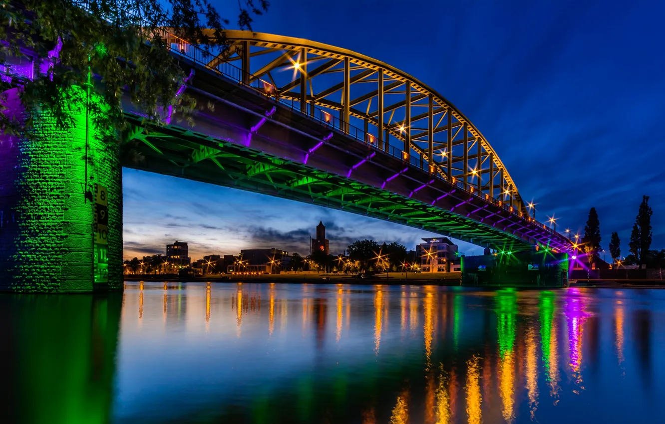 Фото обои мост, блики, река, Нидерланды, ночной город, Netherlands, Рейн, Rhine River