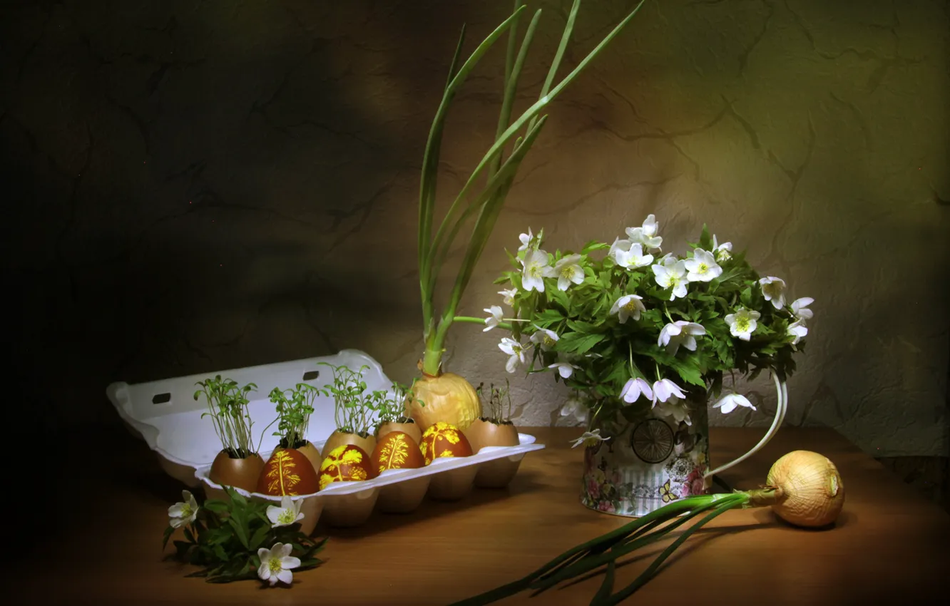 Фото обои цветы, яйца, весна, лук, Пасха