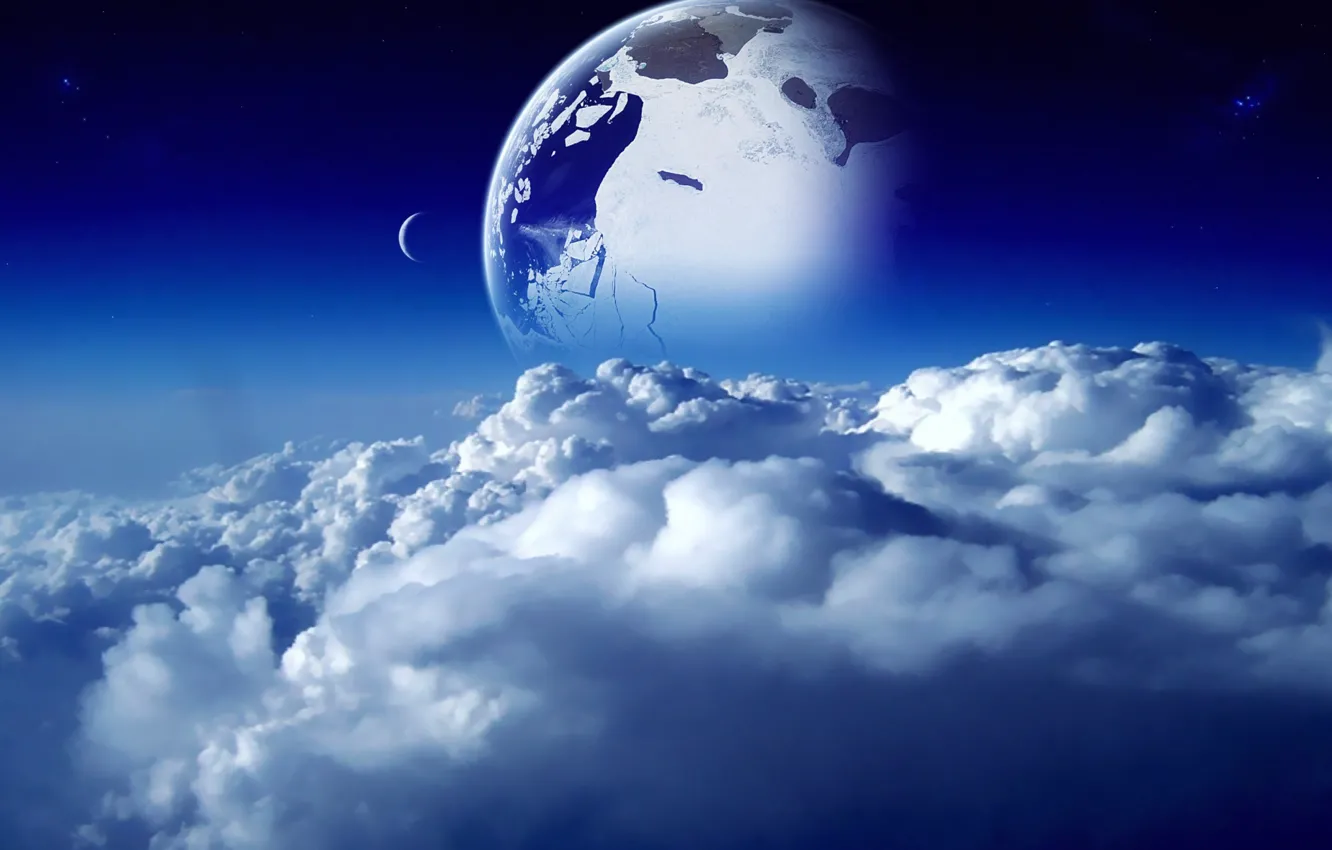 Фото обои небо, космос, облака, синий, голубой, луна, планета, space