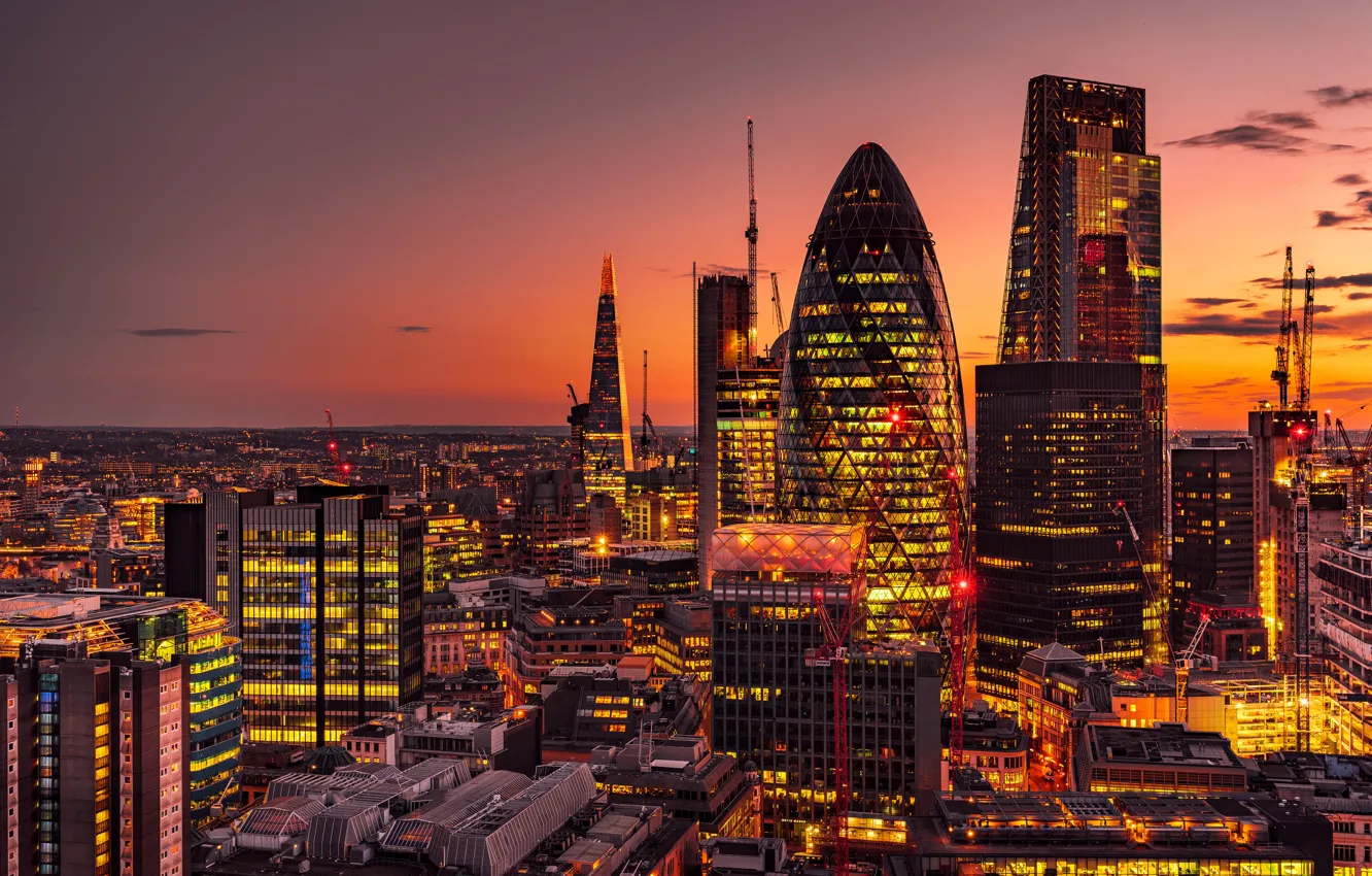 Фото обои закат, Англия, Лондон, здания, панорама, ночной город, небоскрёбы, London