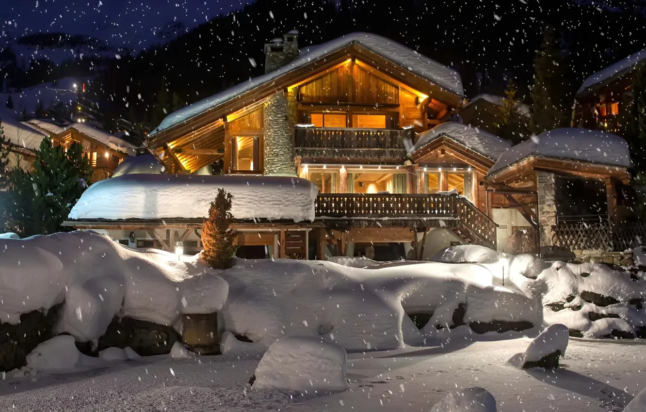 Фото обои Зима, Вечер, Снег, Winter, Snow, Evening, Snow House, Снежный Дом