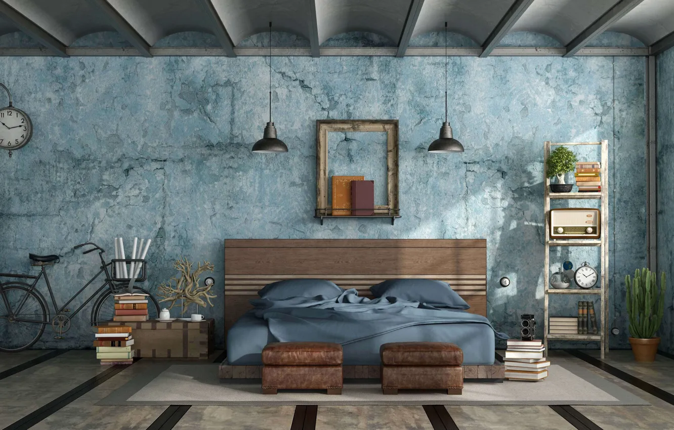 Фото обои комната, интерьер, декорации, grunge mastern bedroom in industrial style, индустриальный дизайн, спальня в стиле гранж