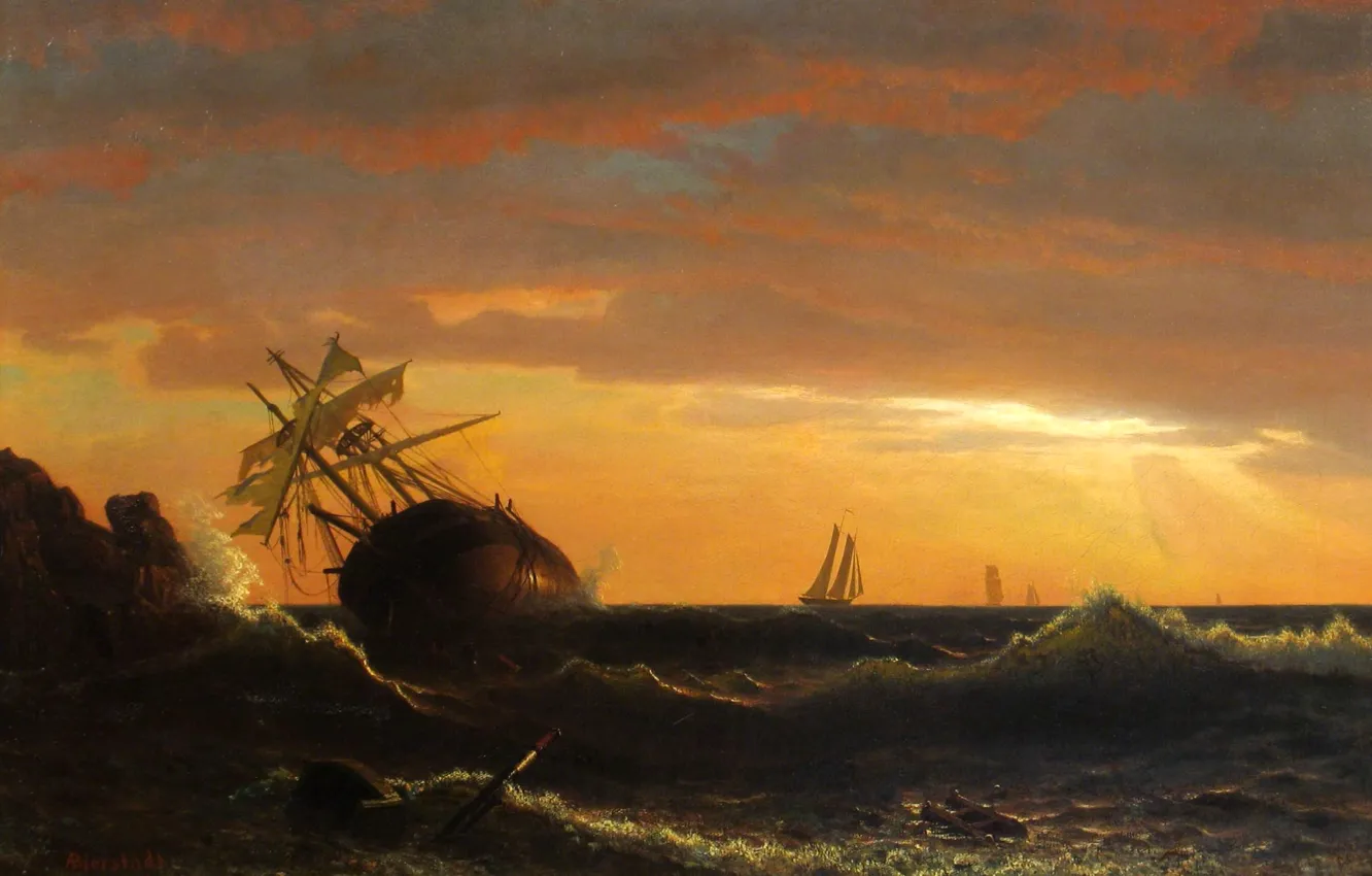 Фото обои море, волны, картина, морской пейзаж, Альберт Бирштадт, Корабль на Мели