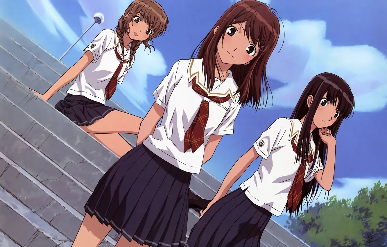 Фото обои небо, девушки, ступеньки, школьная форма, anime, art, подруги, Mizusawa Mao