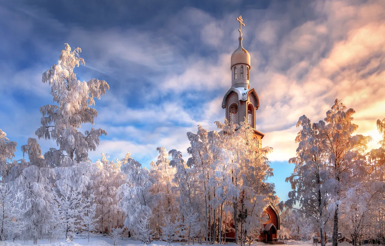 Фото обои зима, пейзаж, храм, архитектура, Ленинградская область