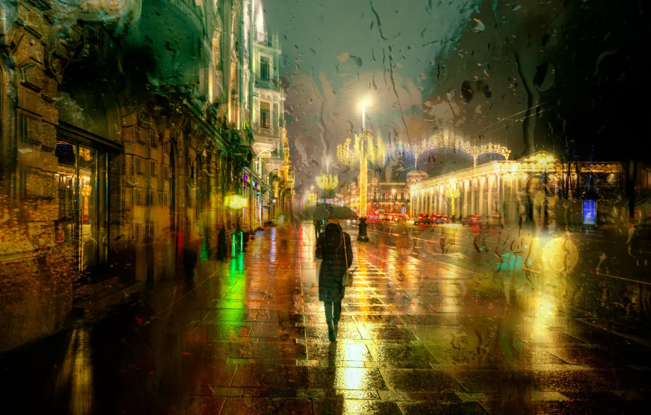 Фото обои зима, дорога, город, дождь, улица, здания, дома, вечер