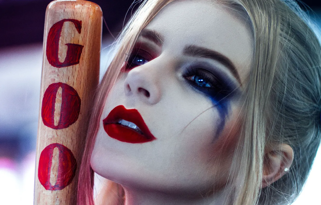 Фото обои Харли Квинн, ЛИЦО, МАКИЯЖ, Harley Quinn, БИТА