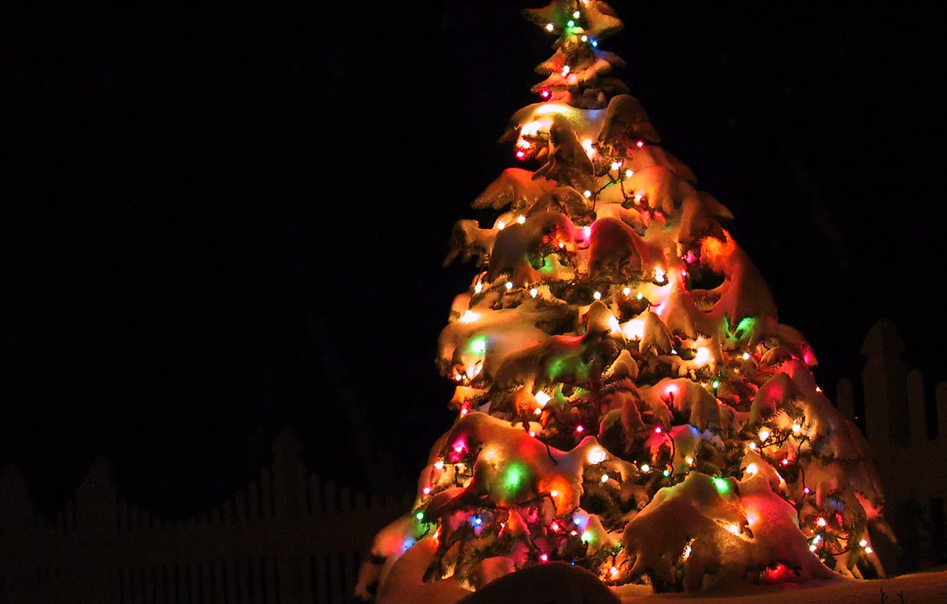 Фото обои украшения, ночь, огни, елка, новый год