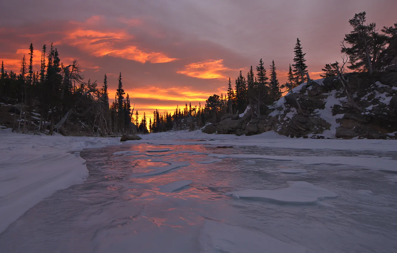 Фото обои зима, лес, закат, природа, река, лёд