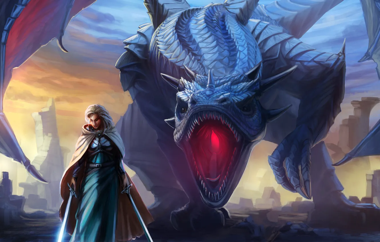 Фото обои девушка, дракон, крылья, меч, фэнтези, арт, пасть, плащ