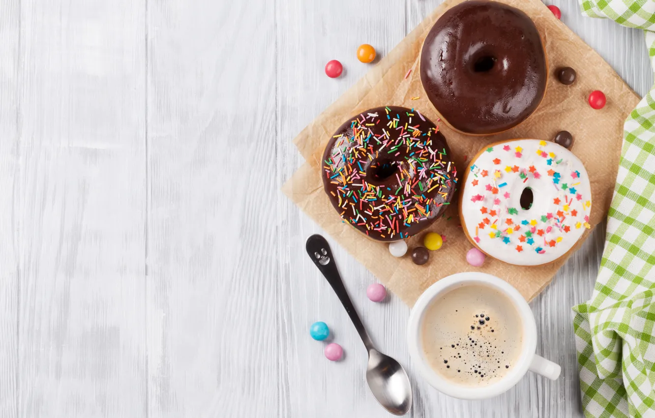 Фото обои пончики, coffee, чашка кофе, donuts, глагурь