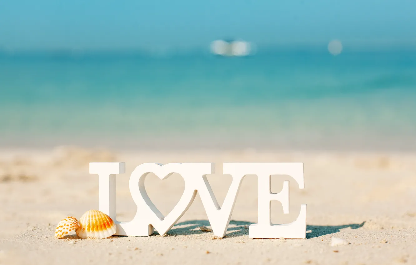 Фото обои море, пляж, буквы, Love, Солнце
