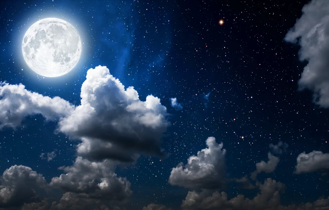 Фото обои небо, звезды, облака, свет, ночь, луна