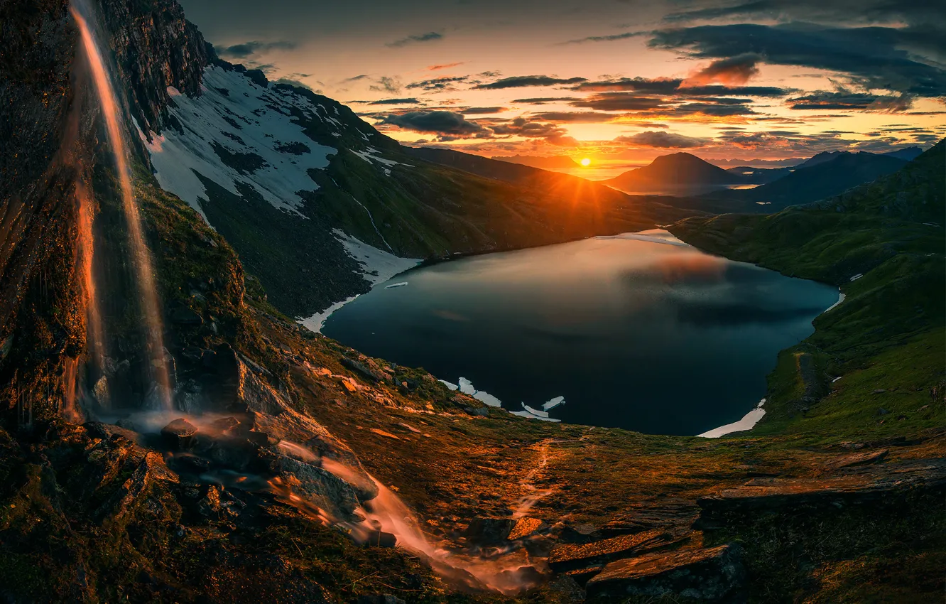Фото обои Sunset, Sunrise, Mountains, Norway, Northern, Lake