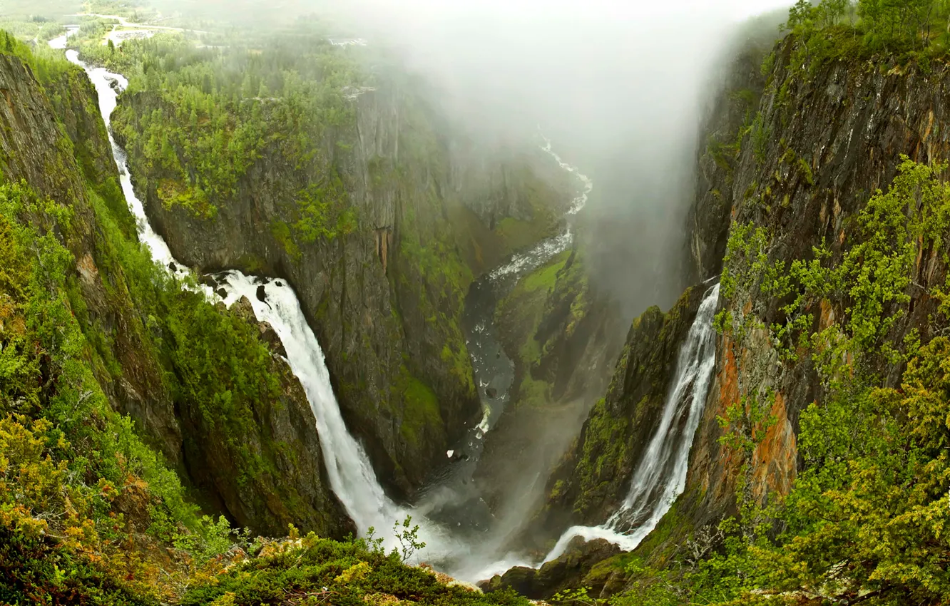 Фото обои деревья, горы, туман, река, скалы, водопад, поток, Норвегия