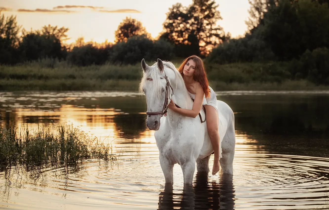 Фото обои река, конь, лошадь, наездница, Сергей Рыбин
