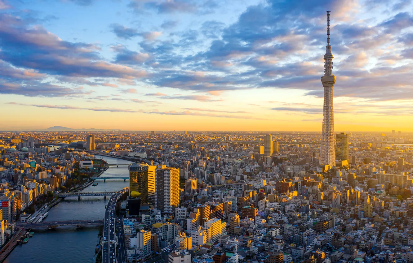 Фото обои Облака, Восход, Япония, Горизонт, Токио, Tokyo, Japan, Skyline