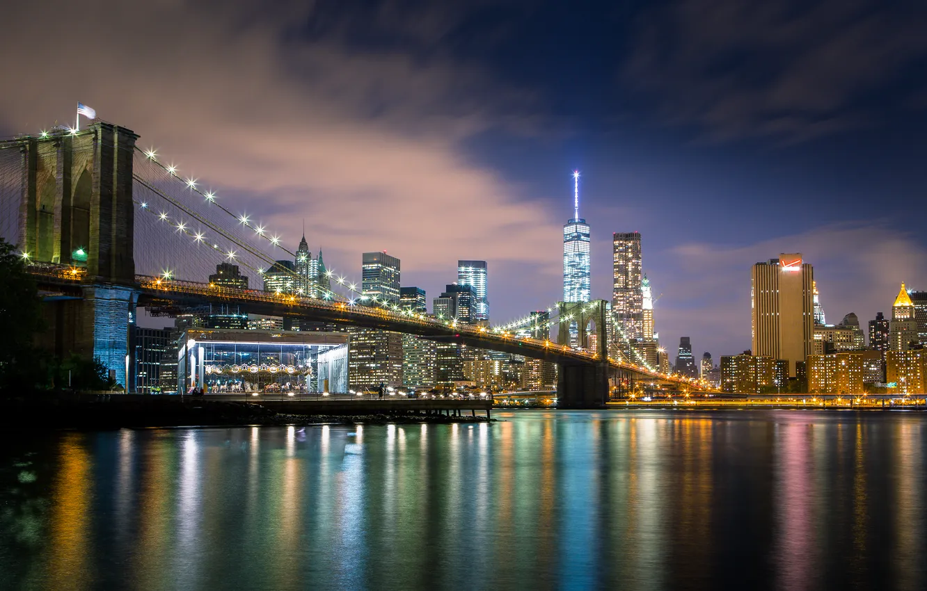 Фото обои ночь, мост, город, огни, река, New York