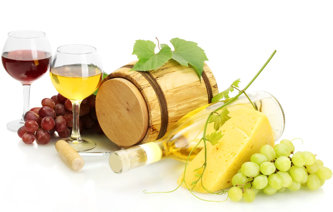 Фото обои вино, красное, белое, бутылка, сыр, бокалы, виноград, штопор