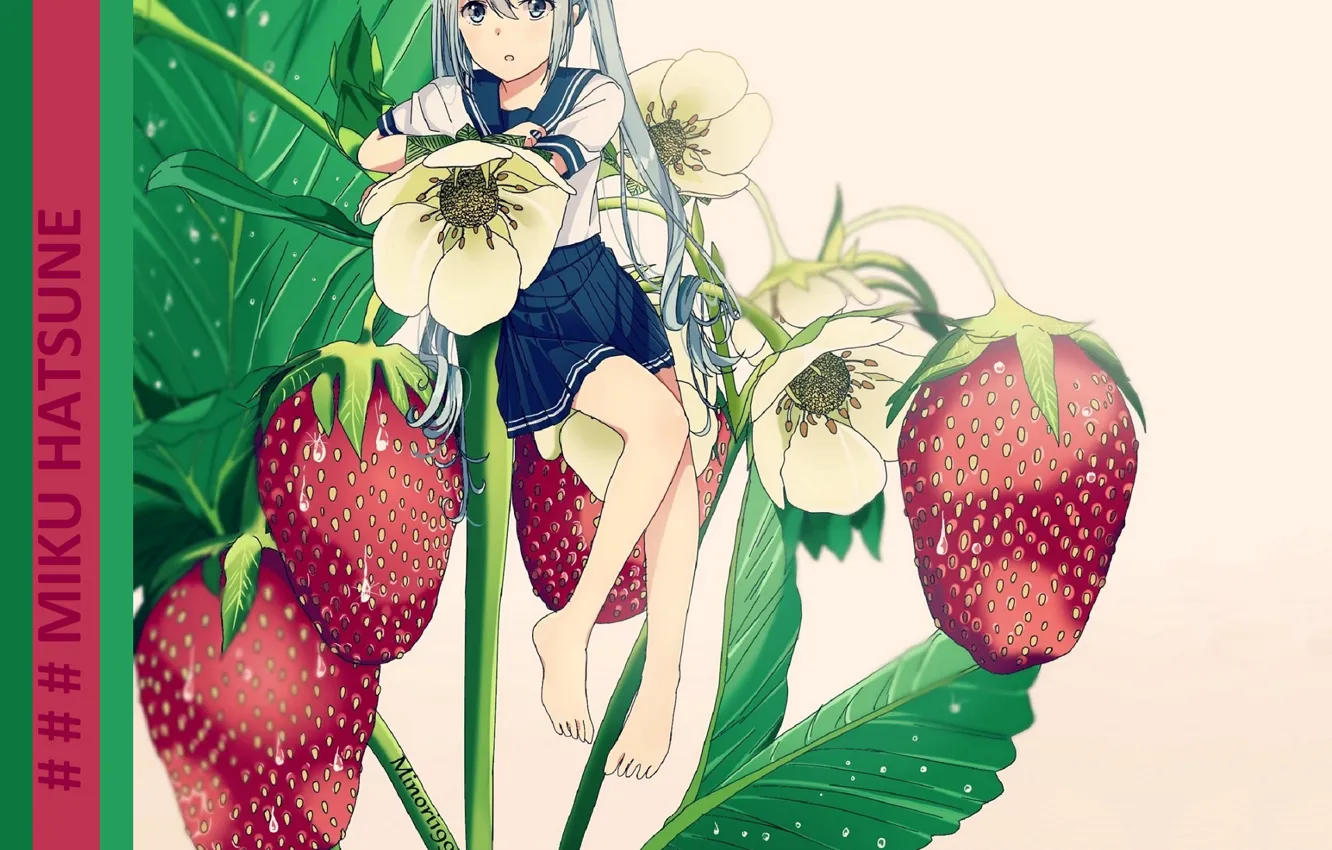 Фото обои листья, клубника, vocaloid, Hatsune Miku, вокалоид, голубые волосы, цветки, Хатсуне Мику