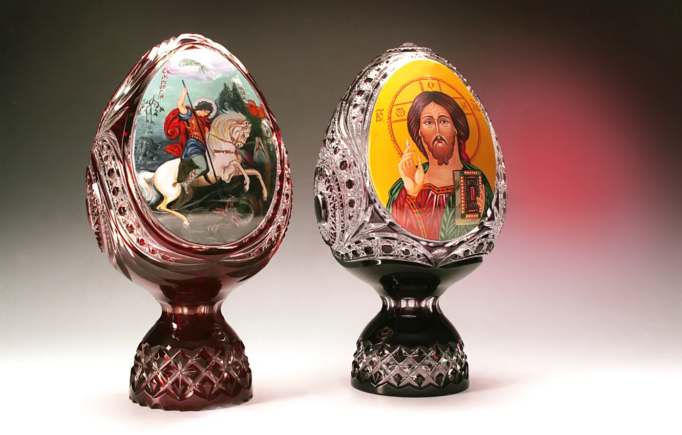 Фото обои стекло, картина, хрусталь, роспись, декор, Гусь-Хрустальный, Георгий Победаносец, яйцо пасхальное