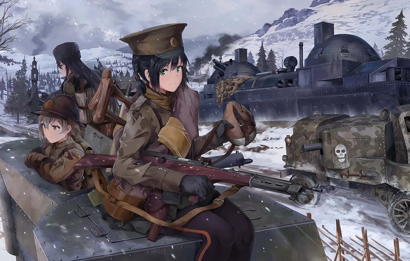 Фото обои зима, оружие, девушки, солдаты, танк
